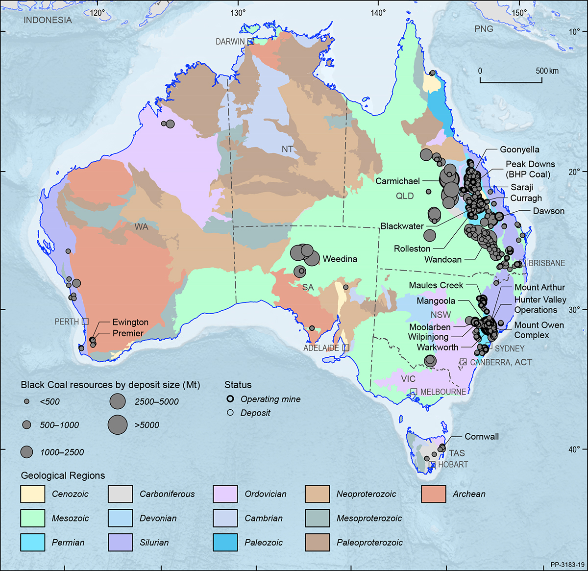 This figure is a map showing the Australian continent shaded by the ages of the main geological provinces highlighting the geographical distribution of Australian black coal deposits and operating mines 2018.