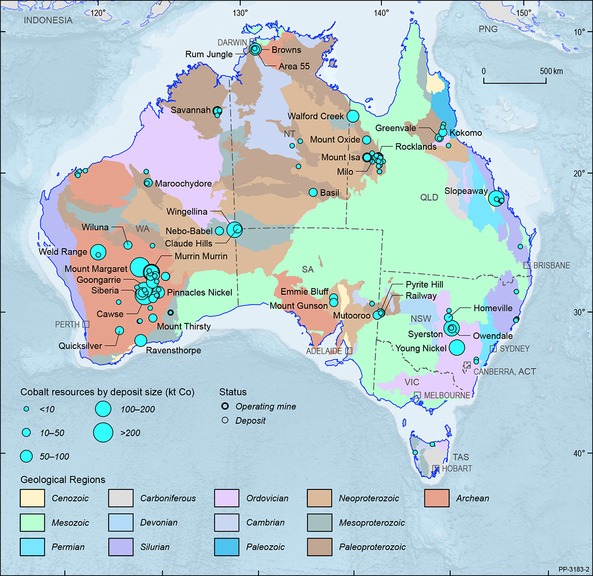This figure is a map showing the Australian continent shaded by the ages of the main geological provinces highlighting the geographical distribution of Australian cobalt deposits and operating mines in 2018.