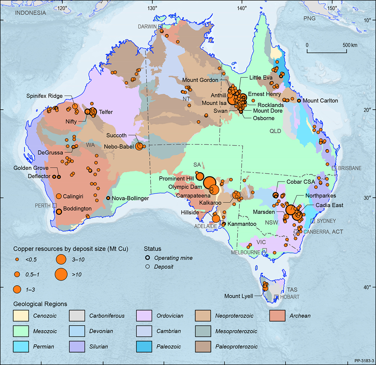 This figure is a map showing the Australian continent shaded by the ages of the main geological provinces highlighting the geographical distribution of Australian copper deposits and operating mines in 2018.