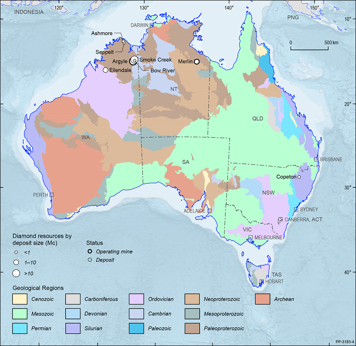 This figure is a map showing the Australian continent shaded by the ages of the main geological provinces highlighting the geographical distribution of Australian diamond deposits and operating mines in 2018.