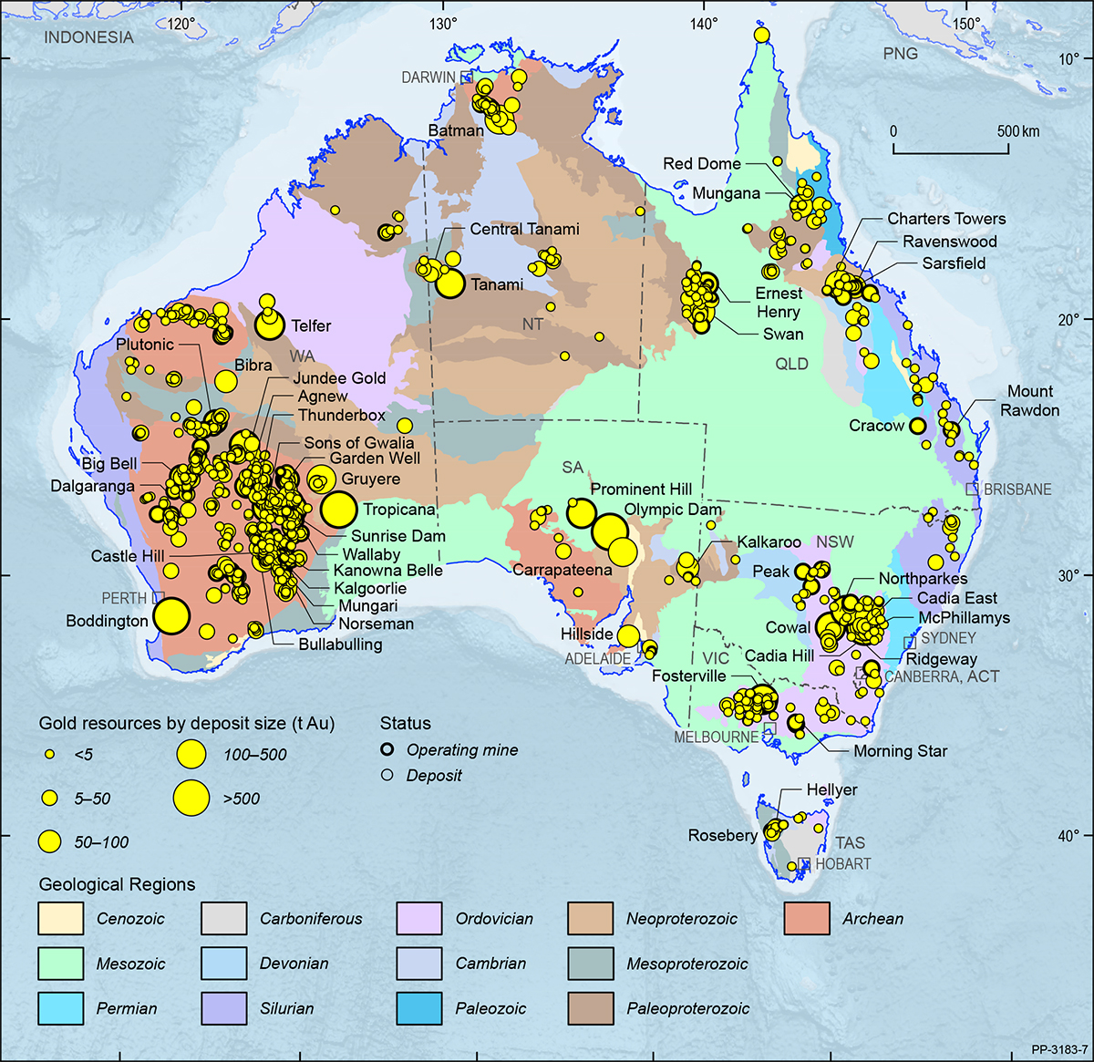 This figure is a map showing the Australian continent shaded by the ages of the main geological provinces highlighting the geographical distribution of Australian gold deposits and operating mines in 2018.