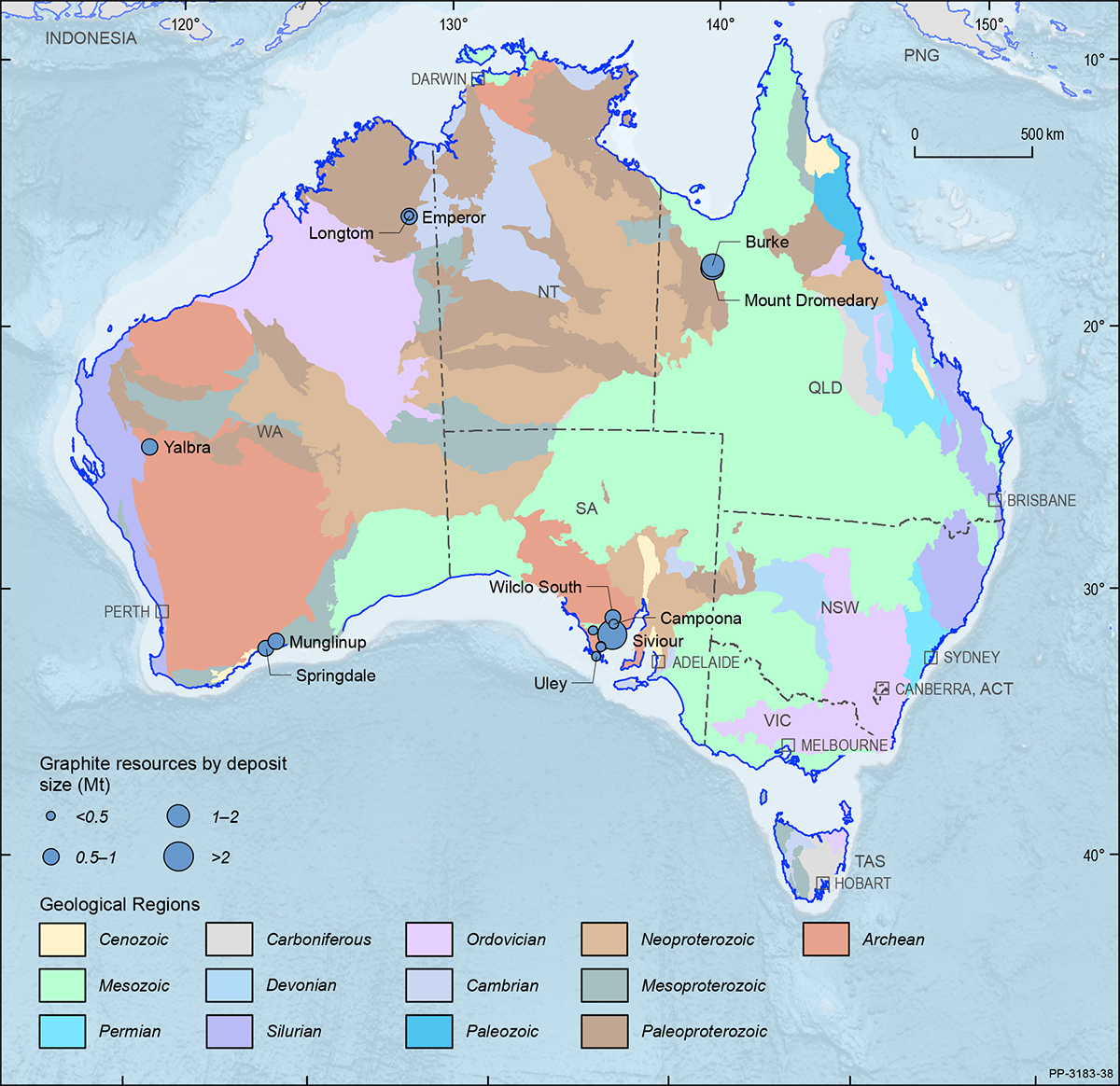 This figure is a map showing the Australian continent shaded by the ages of the main geological provinces highlighting the geographical distribution of Australian graphite deposits in 2018.