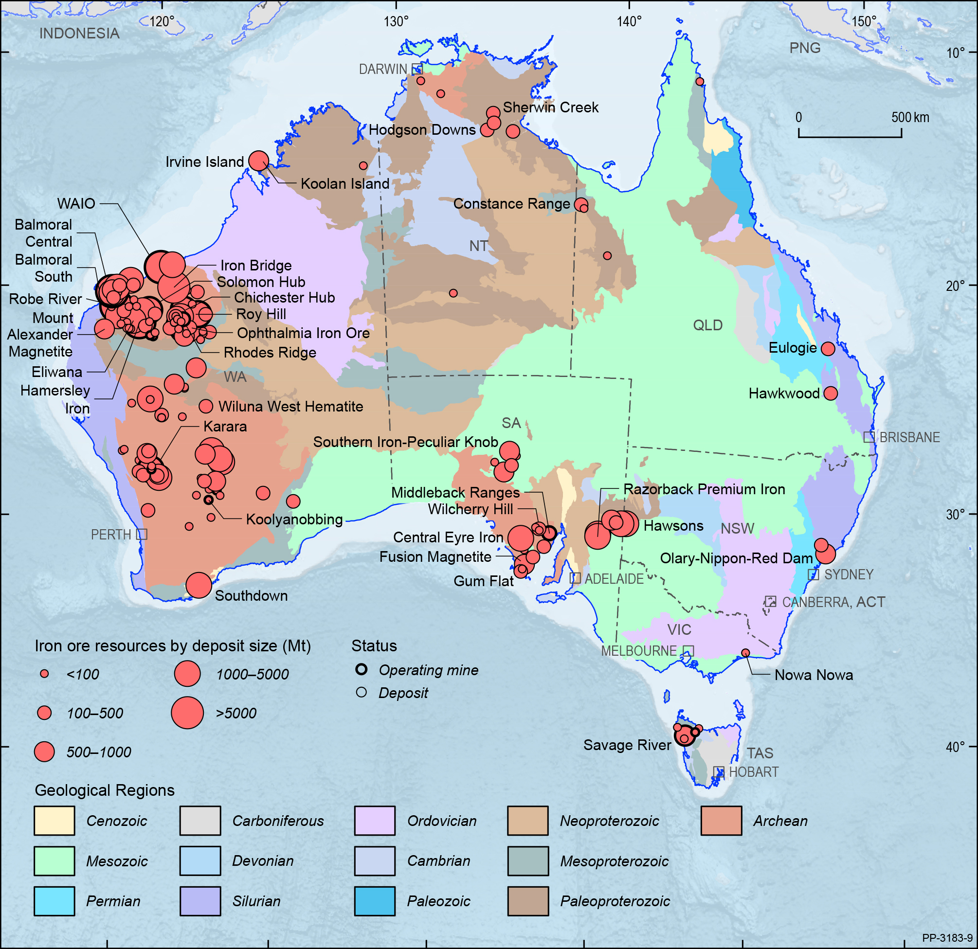 This figure is a map showing the Australian continent shaded by the ages of the main geological provinces highlighting the geographical distribution of Australian iron ore deposits and operating mines in 2018.
