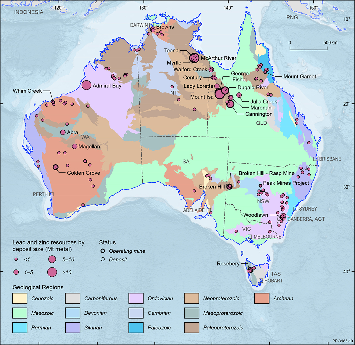 This figure is a map showing the Australian continent shaded by the ages of the main geological provinces highlighting the geographical distribution of Australian lead and zinc deposits and operating mines in 2018.