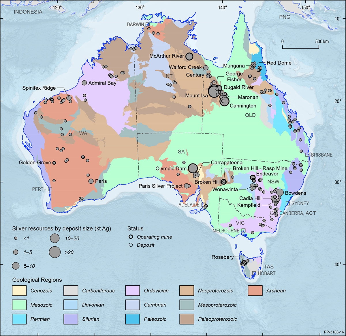This figure is a map showing the Australian continent shaded by the ages of the main geological provinces highlighting the geographical distribution of Australian silver deposits and operating mines in 2018.