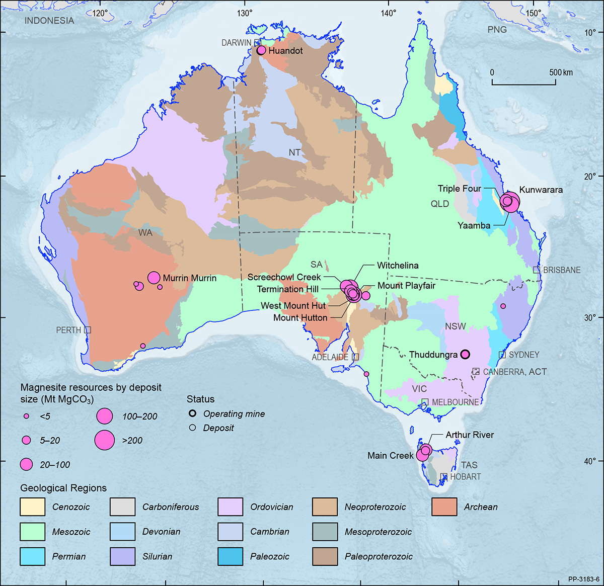 This figure is a map showing the Australian continent shaded by the ages of the main geological provinces highlighting the geographical distribution of Australian magnesite deposits and operating mines in 2018.