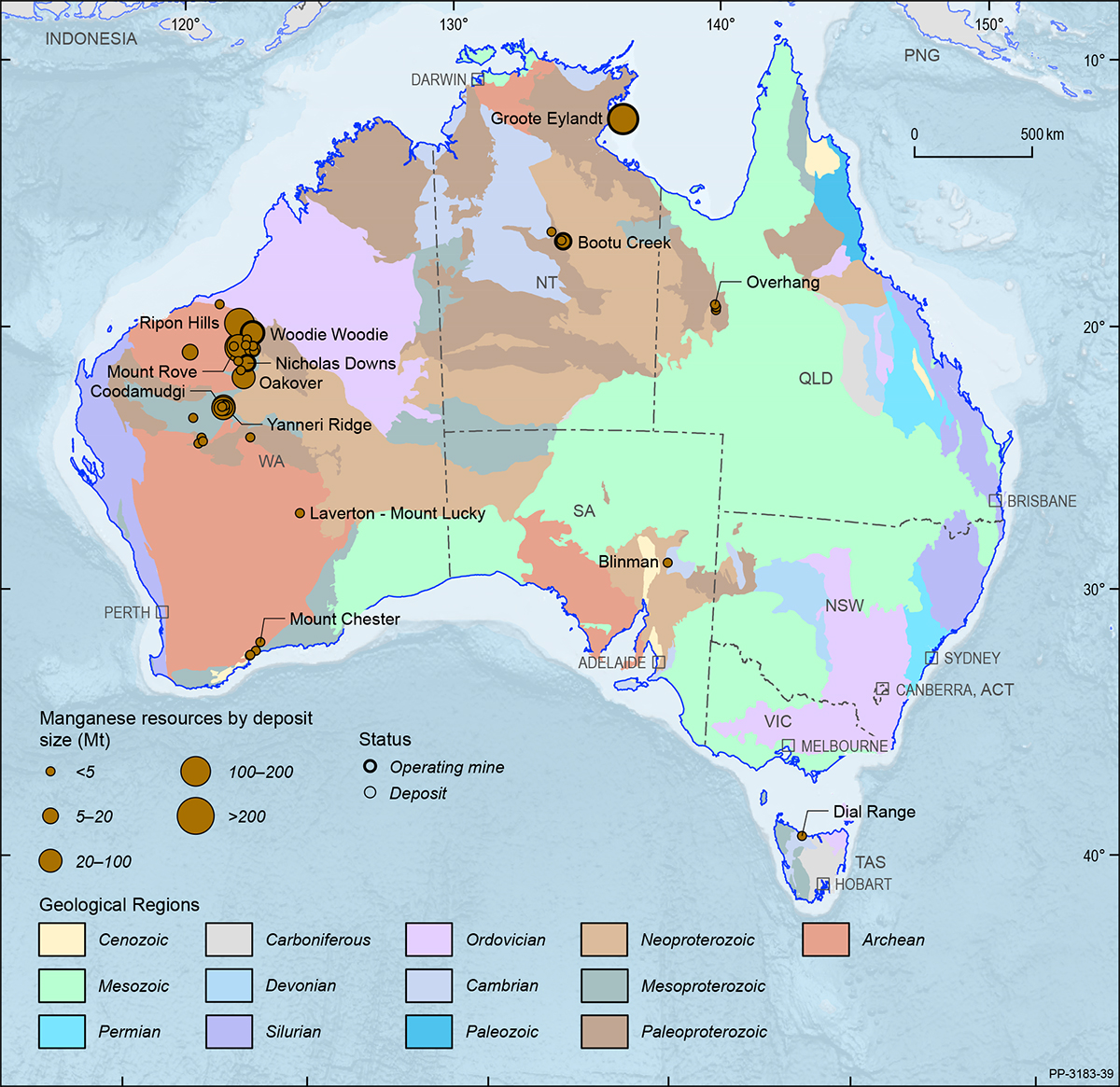This figure is a map showing the Australian continent shaded by the ages of the main geological provinces highlighting the geographical distribution of Australian manganese deposits and operating mines in 2018.