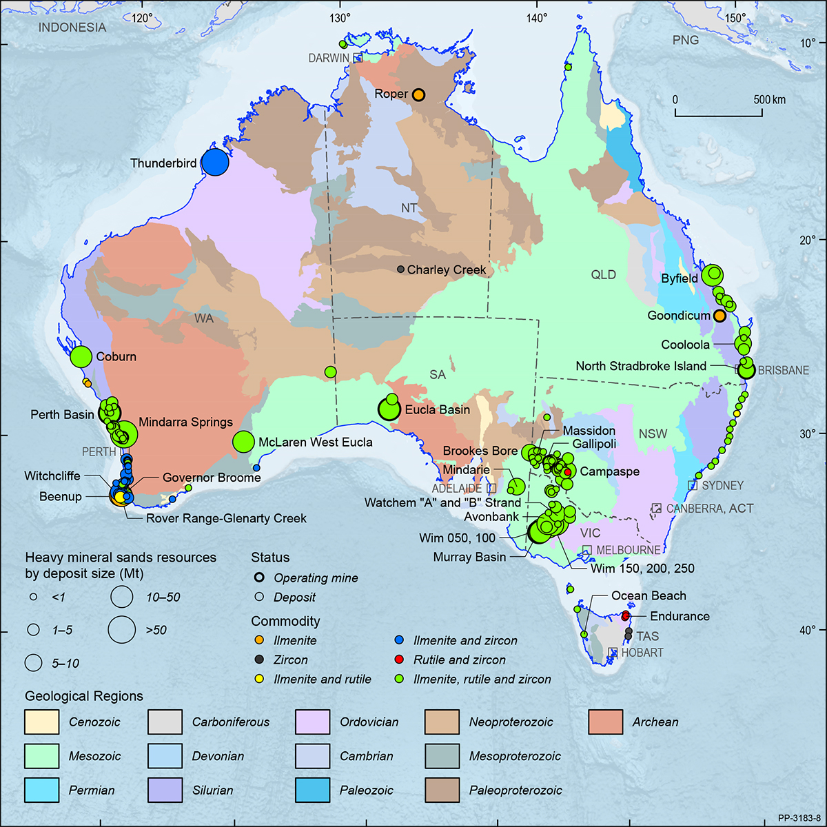 This figure is a map showing the Australian continent shaded by the ages of the main geological provinces highlighting the geographical distribution of Australian heavy mineral sands deposits and operating mines in 2018.