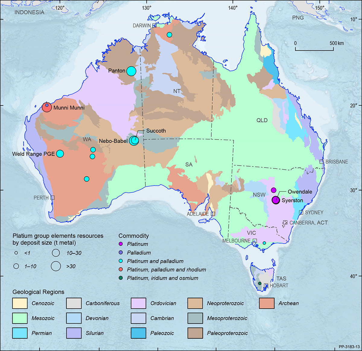 This figure is a map showing the Australian continent shaded by the ages of the main geological provinces highlighting the geographical distribution of Australian platinum group elements deposits in 2018.
