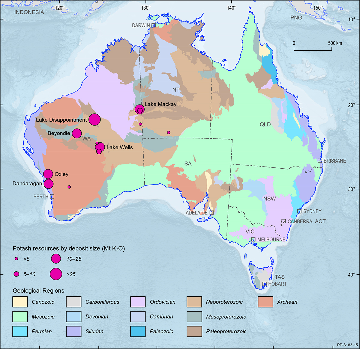 This figure is a map showing the Australian continent shaded by the ages of the main geological provinces highlighting the geographical distribution of Australian potash deposits in 2018.