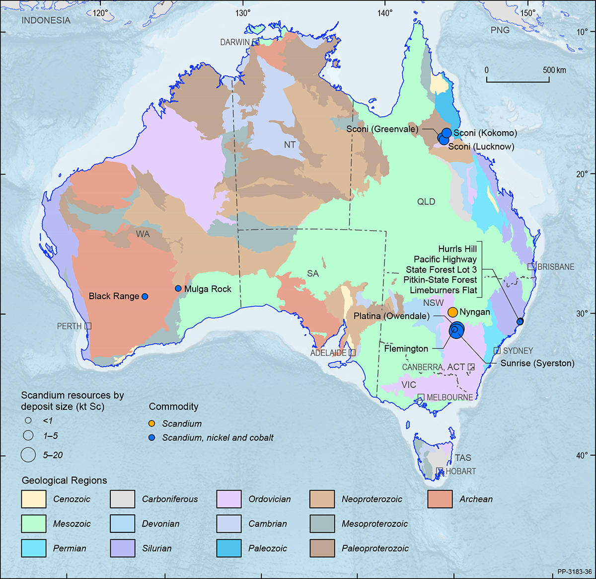 This figure is a map showing the Australian continent shaded by the ages of the main geological provinces highlighting the geographical distribution of Australian scandium deposits in 2018.