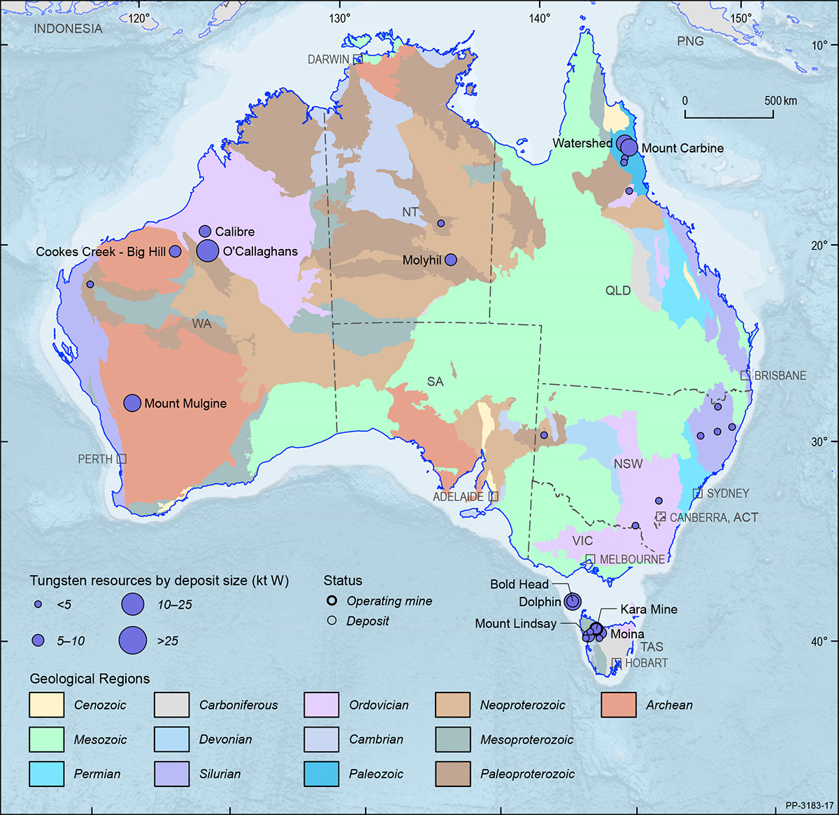 This figure is a map showing the Australian continent shaded by the ages of the main geological provinces highlighting the geographical distribution of Australian tungsten deposits and operating mines in 2018.