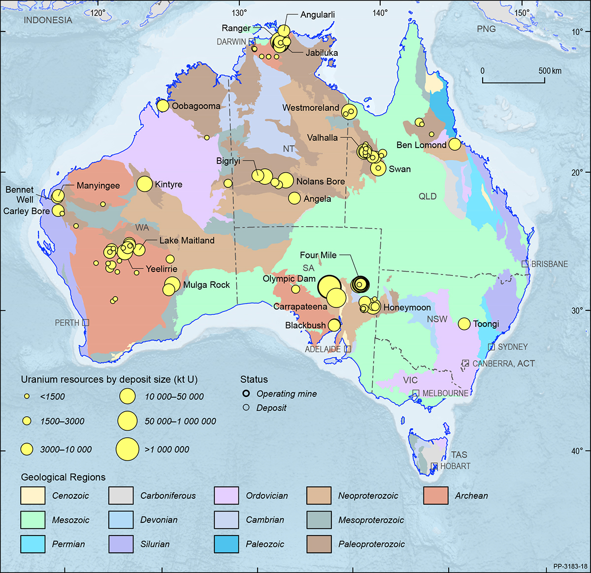 This figure is a map showing the Australian continent shaded by the ages of the main geological provinces highlighting the geographical distribution of Australian uranium deposits and operating mines in 2018.