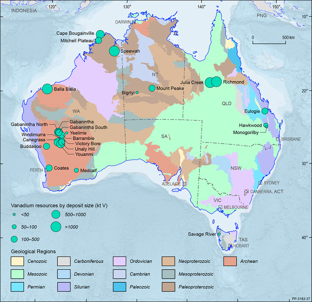 This figure is a map showing the Australian continent shaded by the ages of the main geological provinces highlighting the geographical distribution of Australian vanadium deposits in 2018.