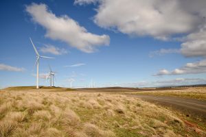 Springfield, New South Wales, Australia, 23 June 2016. Boco Rock Wind Farm is situated on ridgelines at the South of New South Wales. The 67 wind turbines generate about 110MW of renewable energy per year. The tower is about 65m high and the blades are 35m long. Wind farm play an important role to reduce greenhouse gaz emissions. Its position on the ridge allows constant wind for a maximum of efficiency.