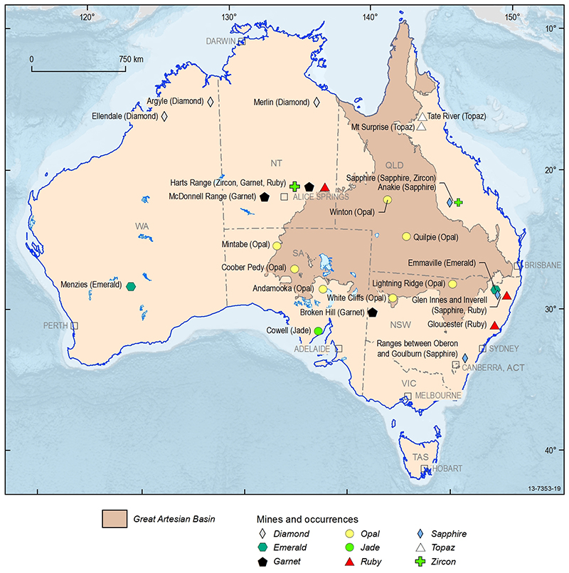 Map of Australia showing major gemstone occurrences and mines.