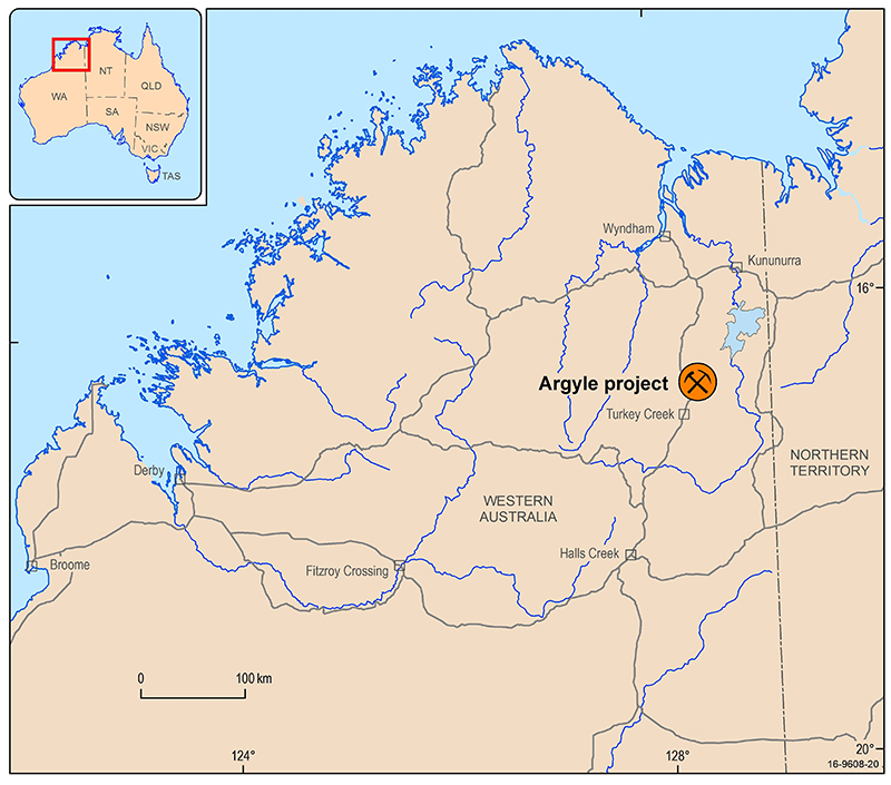Map of northern Western Australia indicating location of the Argyle diamond mine