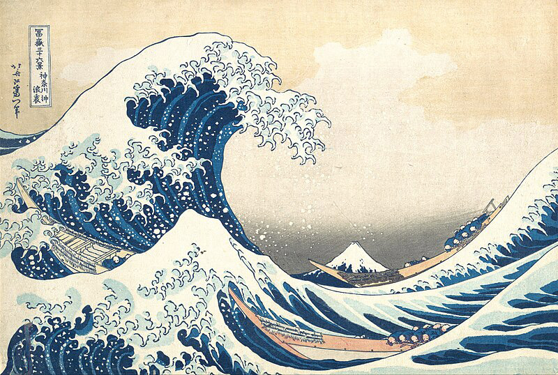 A famous artwork of a large tsunami wave, three boats are seen caught in the wave