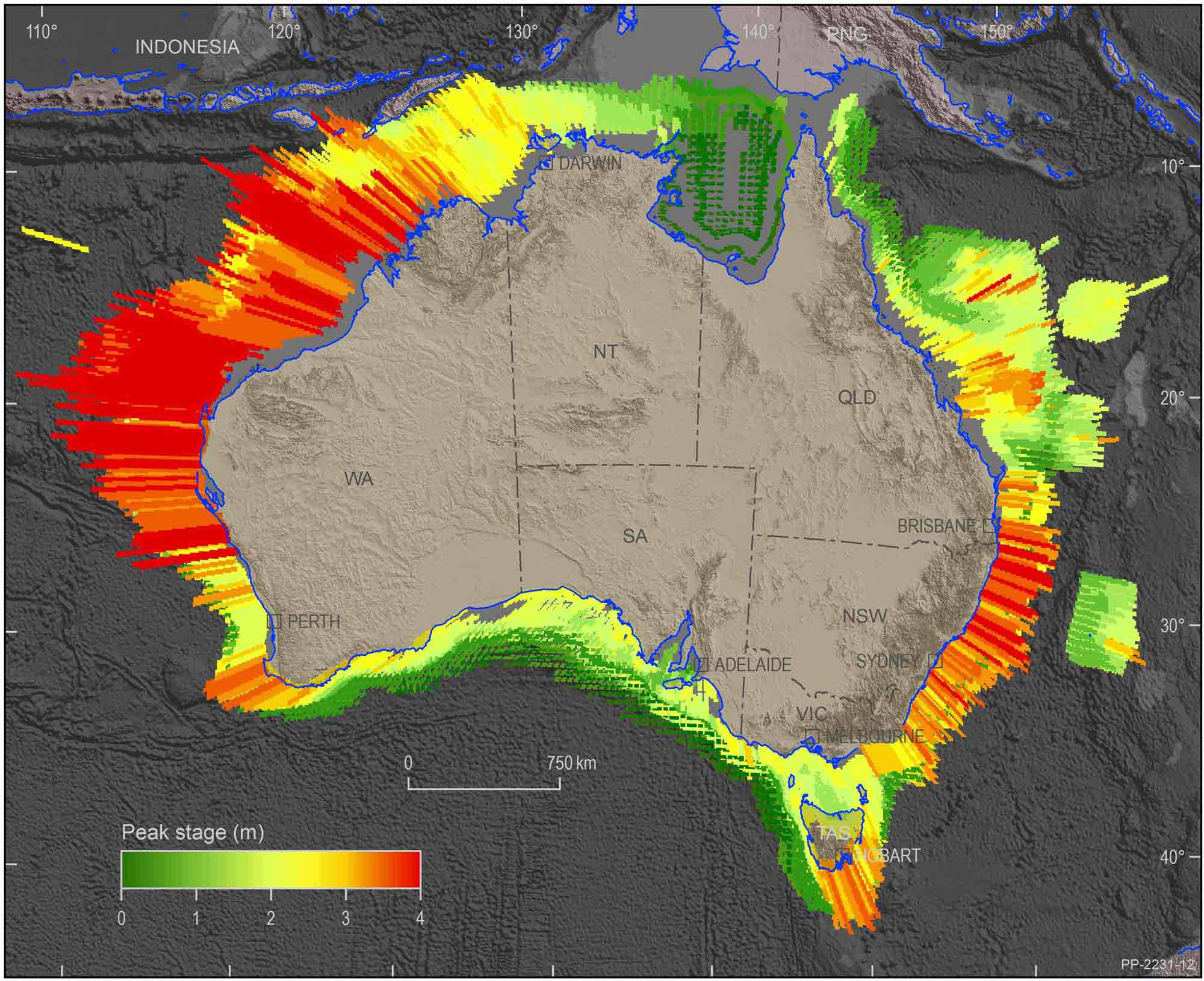 A map of Australia showing the most at-risk areas of the Australian coastline, mainly Western Australia and parts of the New South Wales coast.