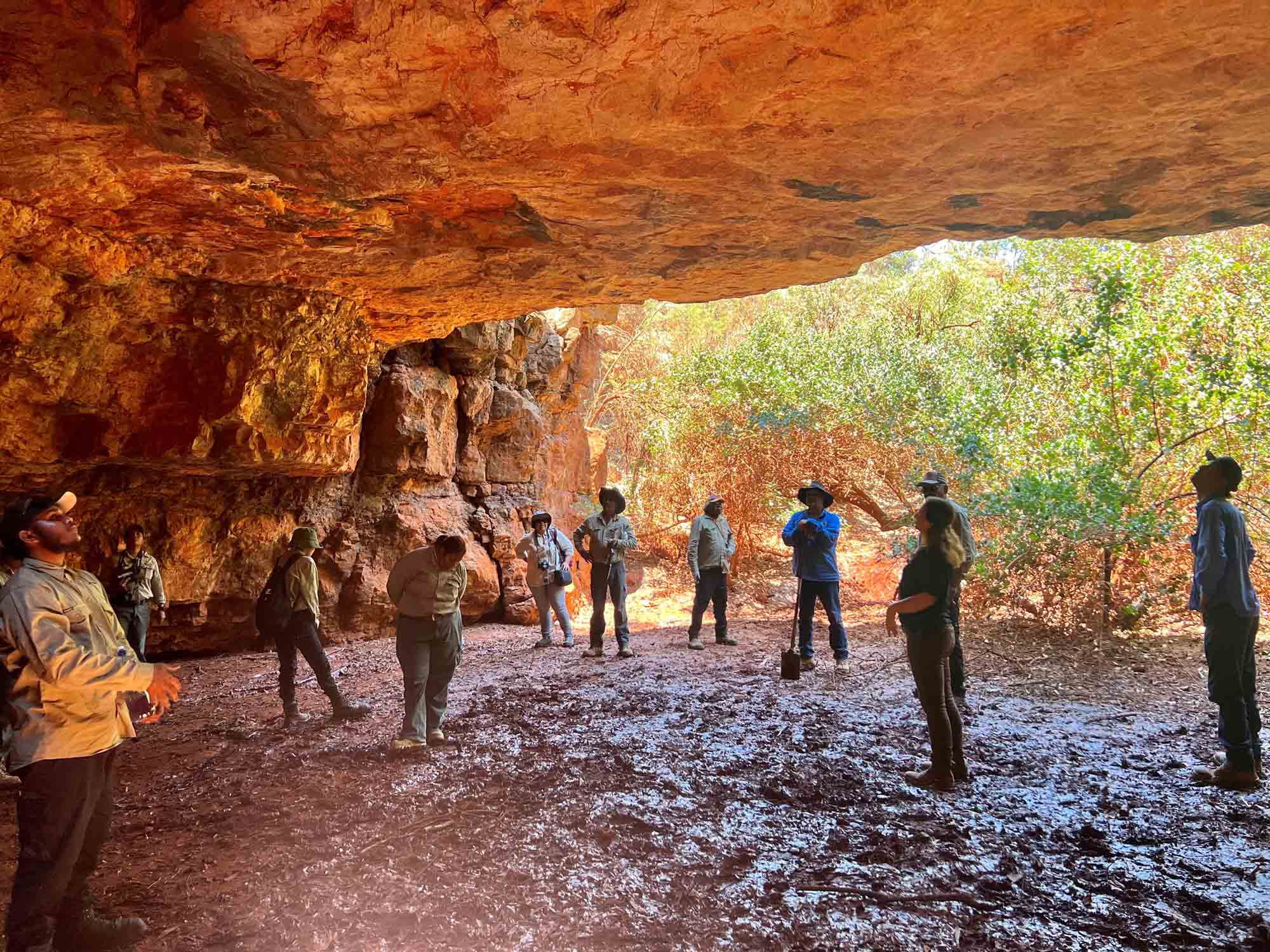 A group of people standing in Lake Eyre Basin Camooweal Cave