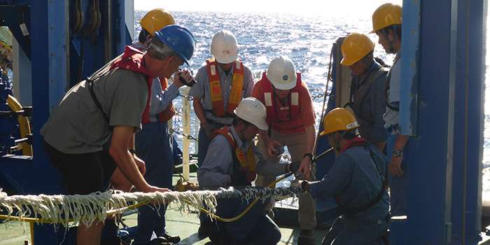 Japanese and Australian scientists working aboard the Japanese Government's scientific research vessel Kairei in April 2016.