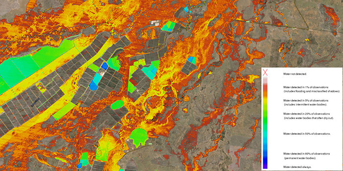 An example of the variation between water seen often (such as dams in blue colours) and water seen rarely (such as flooding in red colours) around the southern Queensland town of Dirranbandi