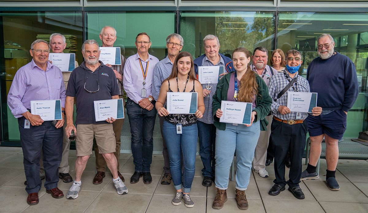Geoscience Australia volunteers with CEO James Johnson
Front row, left to right: Keith Thomas, Alan Marks, Julia Brand, Kathryn Keane, Henk Ten Brummelaar
Back row, left to right: Paul Reith, Craig Munns, James Johnson, Michael Pass, John Laurie, David Wilson , Diana Kirby, Peter Butler
