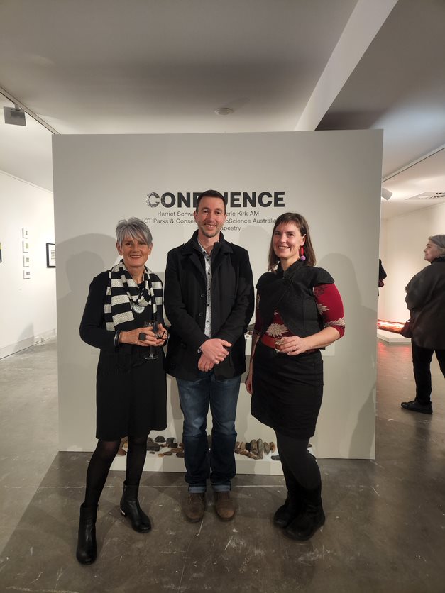 Steven Petkovski with artists Valerie Kirk and Harriet Schwartzrock