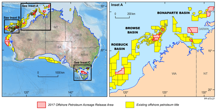 Map of Australia showing offshore areas released for petroleum exploration as part of the 2017 acreage release, including a map inset focussing on north-west Australia.