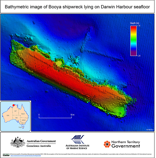 Bathymetric image of Booya shipwreck lying on Darwin Harbour sea floor