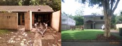 Before photo of a single storey house damaged by flood, compared with an after image of a newly built modern two storey house.