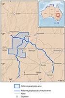 A map describing the locations of airborne electromagnetic data acquisition in the Southern Thomson Orogen Project area, straddling the Queensland-New South Wales border around the towns of Hungerford and Eulo.