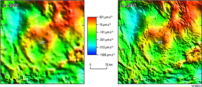 Comparison image showing colour variations showing differences in gravity data measurements taken in the McArthur Region in the Northern Territory.