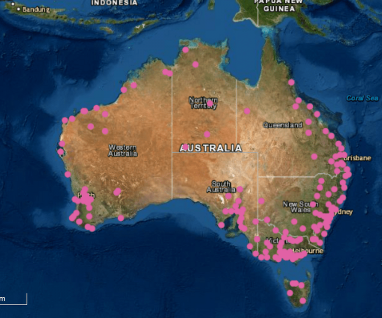 Map of Australia with pink dots illustrating pre-generated Earthquake scenarios that represent plausible events.