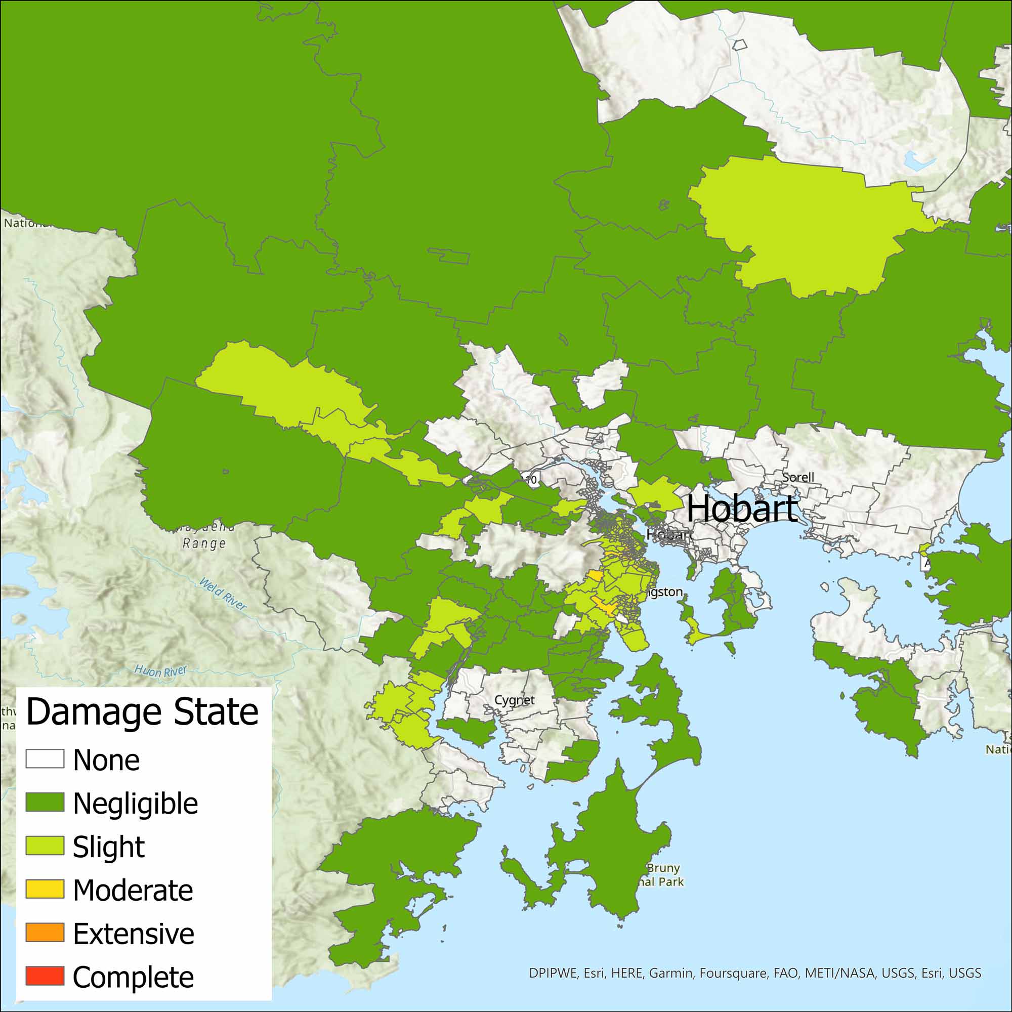Map view of Southeast Tasmania, centred on Hobart with forecasted impacts of a severe wind event overlayed. Impacts are grouped by areas of similar population size and are coloured from red (high level of impact) to green (low level of impact)