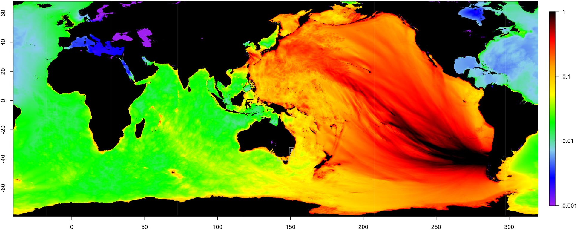 A global map with a PNG tsunami scenario superimposed with varying colour to indicated wave intensities