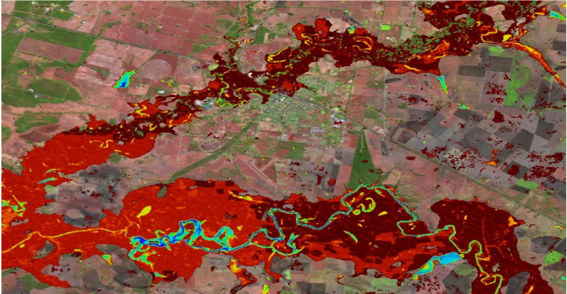 Abstract image of landscape showing crops and red overlay of floodwaters on blue river