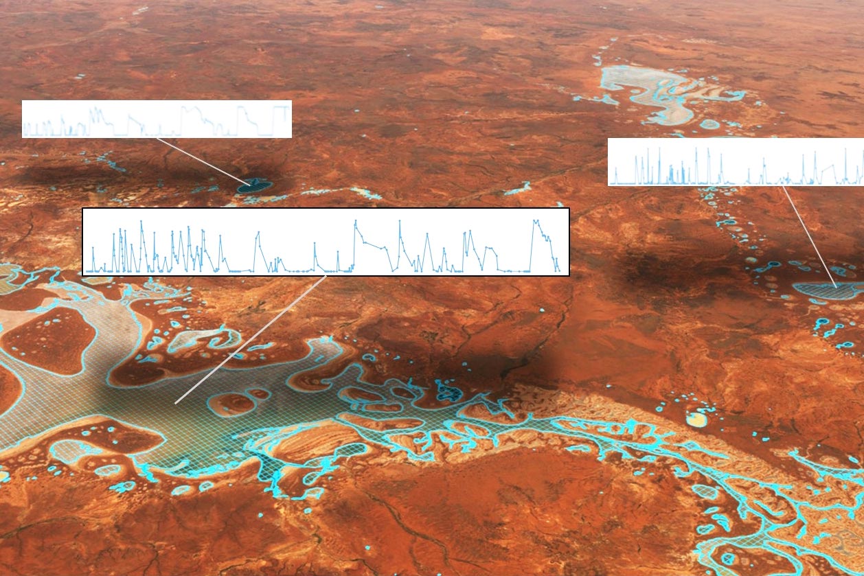 graphic blue hatched overlay showing complex waterbody shapes on brown satellite image with flowgraph overlays