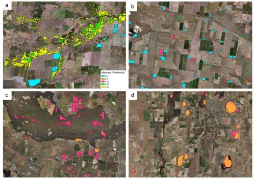 screenshot of four panels of satellite image from report showing colour legend and marked ABCD