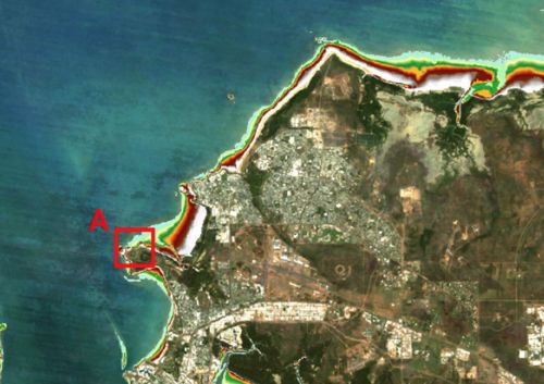 Satellite image of coast with coloured edge lines and area marked in red box A