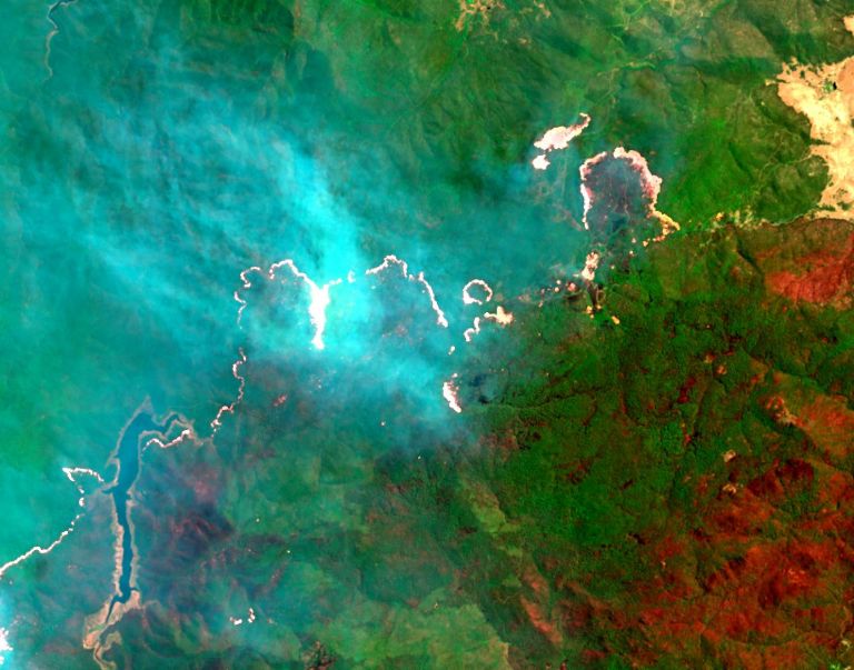 Abstract landscape image featuring wiggly fire front as captured by satellite