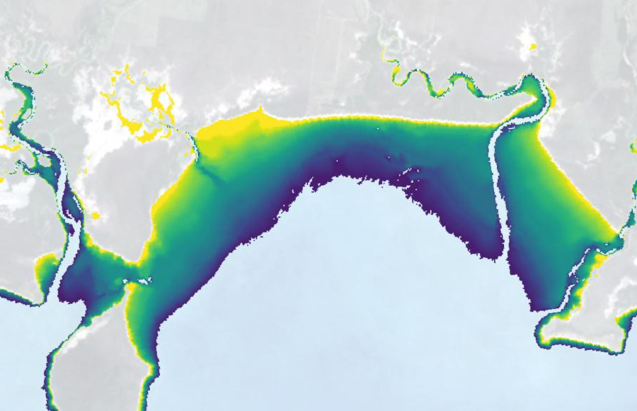 Coloured illustration showing blue and green tidal gradation on curved landscape