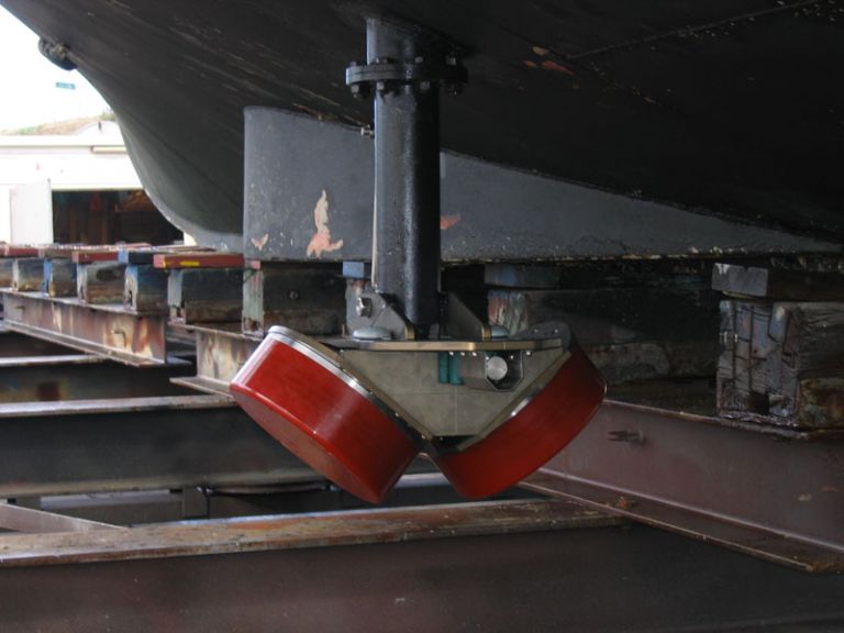 A multibeam sonar in a dual head configuration as viewed from underneath a ship