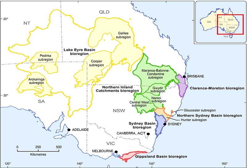A map of southeast Australia showing the six bioregions in the Bioregional Assessment program. These bioregions are Lake Eyre Basin, Northern Inland Catchments, Clarence-Moreton Basin, Northern Sydney Basin, Southern Sydney Basin and Gippsland Basin.
