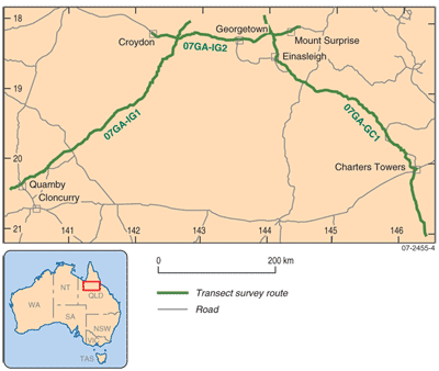 Fig 3. Completed transect routes for deep seismic reflection survey, north Queensland.