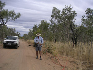 Fig 3. Terrex seismic crew laying out the geophones to record the reflected seismic waves along traverse 07GA-IG1.