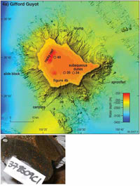 Fig 4.  (a) Multibeam bathymetry image of the seabed over the Gifford Guyot, showing the sampling locations and morphological features, (b) photograph of basaltic rock recovered from the guyot flanks.