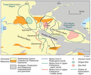 Fig 1.	Regional geology of Chu-Sarysu and Syrdarya basins, southern Kazakhstan.
