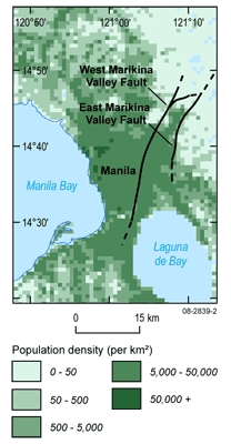 Fig 2. The convergence of high population density and active faults in Manila, the Philippines. Movement on the Marikina Valley fault could have a devastating impact on Manila, depending on the earthquake magnitude and epicentre.