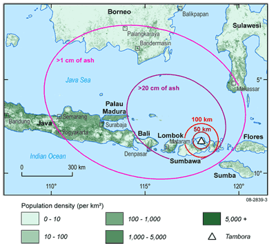 Fig 3. The current population density of Indonesia overlaid by the ash-dispersal pattern from the 1815 Tambora eruption. The area 100 kilometres from the volcano received between 50 and 100 centimetres of ash, and pyroclastic flows are thought to have extended about 30 kilometres from the volcano.
